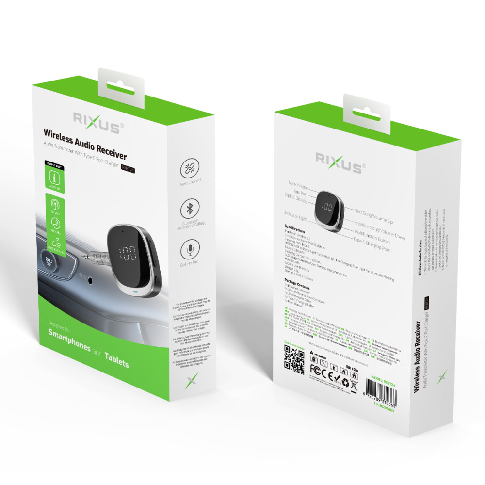 Rixus Bluetooth 5.0 And AUX Receiver RXBT24 - Black