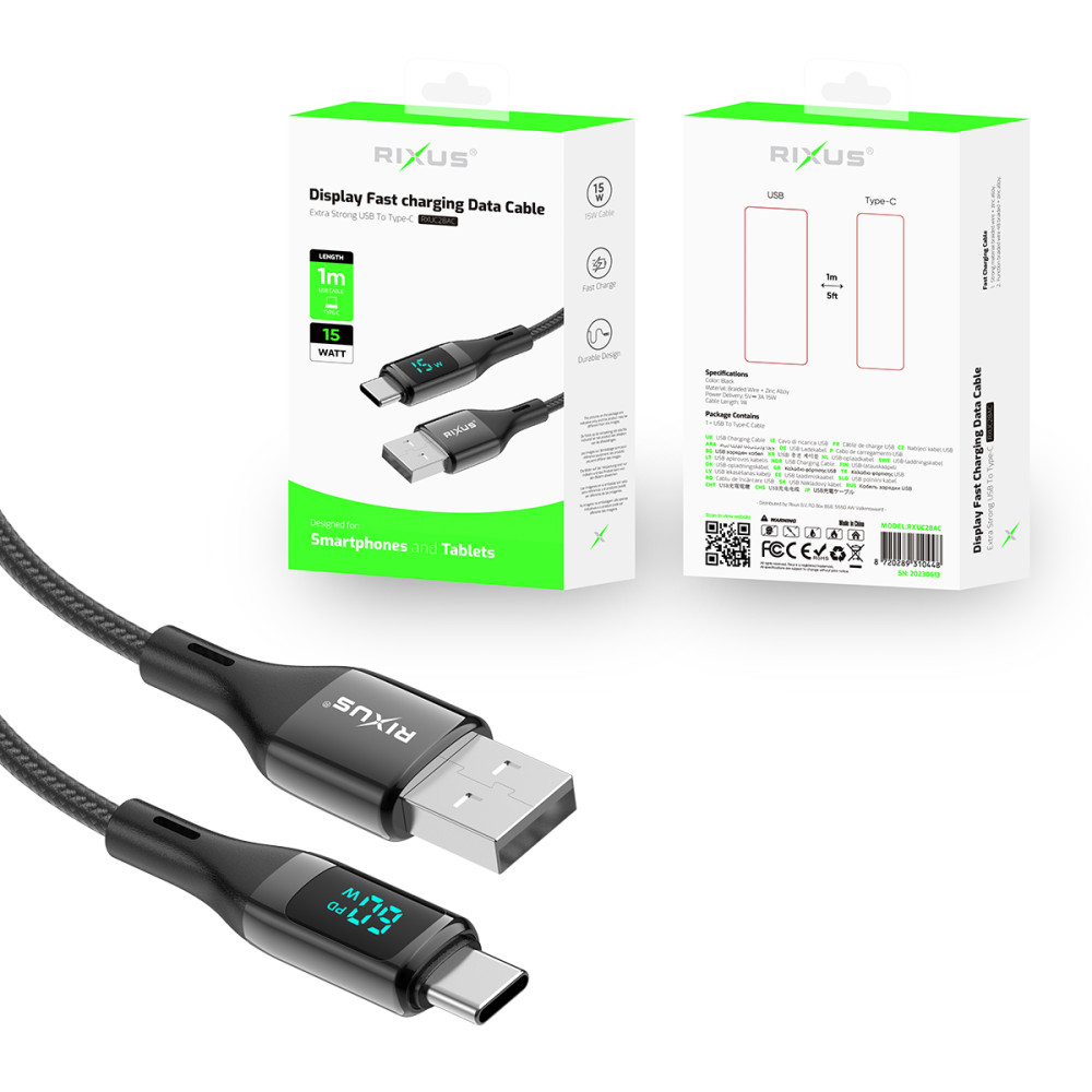 Rixus Braided USB To USB-C Cable With LED Display Wattage 1m Nylon RXUC28AC - Black