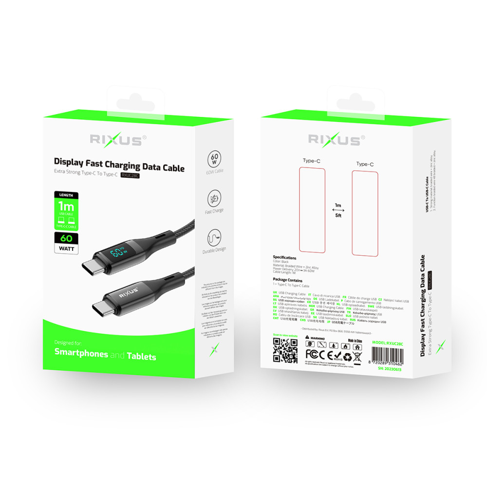 Rixus Braided USB-C Cable With LED Display Wattage 1M Nylon RXUC28C - Black