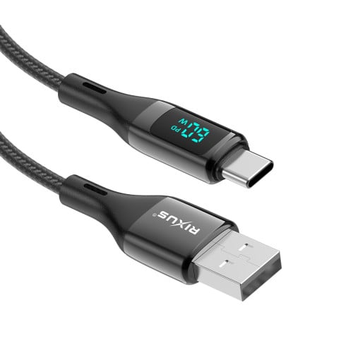 Rixus Braided USB To USB-C Cable With LED Display Wattage 1m Nylon RXUC28AC - Black