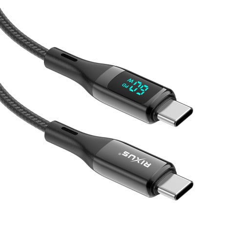 Rixus Braided USB-C Cable With LED Display Wattage 1M Nylon RXUC28C - Black