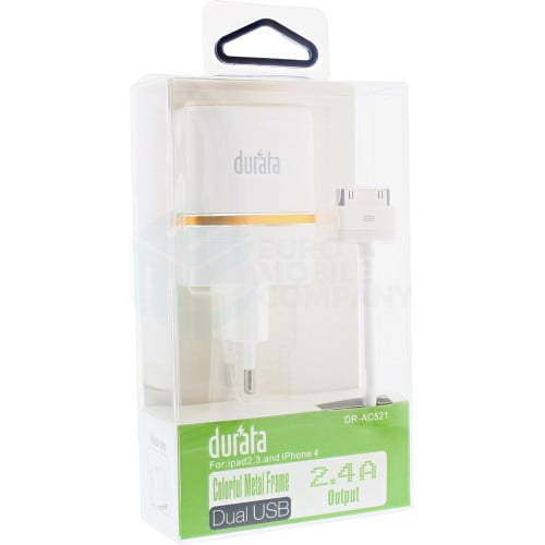 Durata AC Adapter Dual USB 2.4A For iPad 2,3 & iPhone 4 - White (DR-AC521)