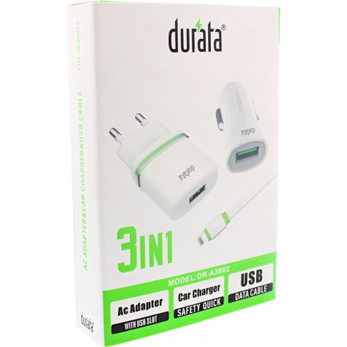 Durata 3/1 AC Adapter Car Charger USB Data Cable DR-A3002