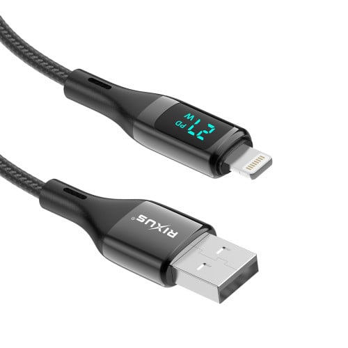 Rixus Braided USB To Lightning Cable With LED Display Wattage 1m Nylon RXUC28AL - Black