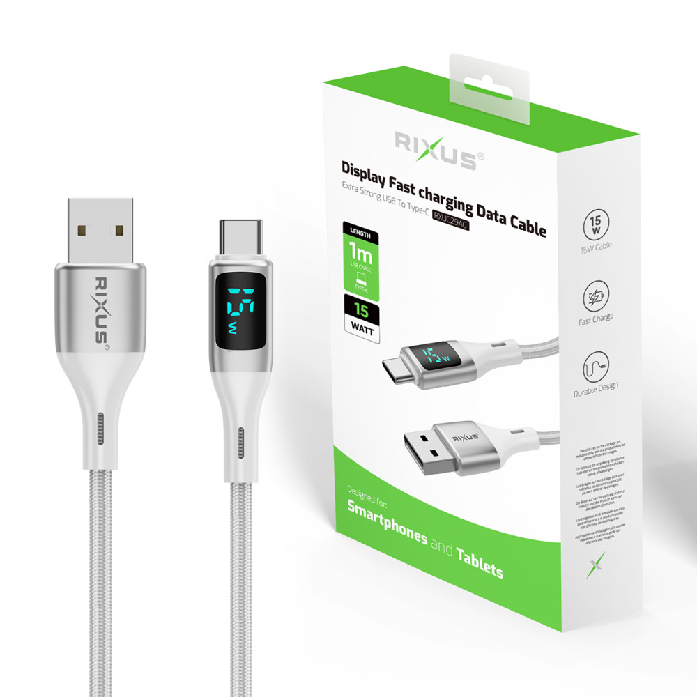 Rixus Braided USB-A To USB-C Cable With LED Display RXUC29AC - White
