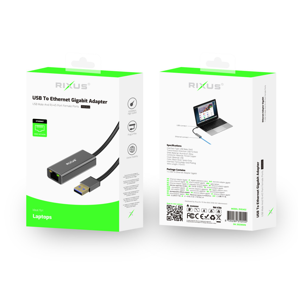 Rixus USB to Ethernet Gigabit Adapter RXEA02 - Grey