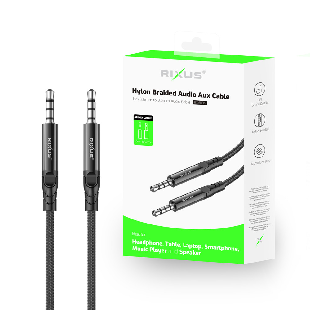 Rixus 3.5mm AUX To 3.5mm AUX Braided Audio Cable 4-ft RXMU35 - Black